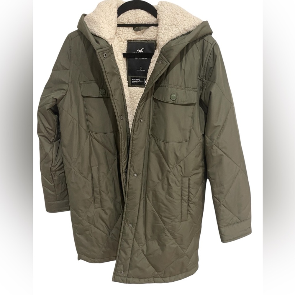 Hollister Green Sherpa Fur Lined Diamond Quilted Hooded Jacket Coat Size Small - Picture 2 of 10